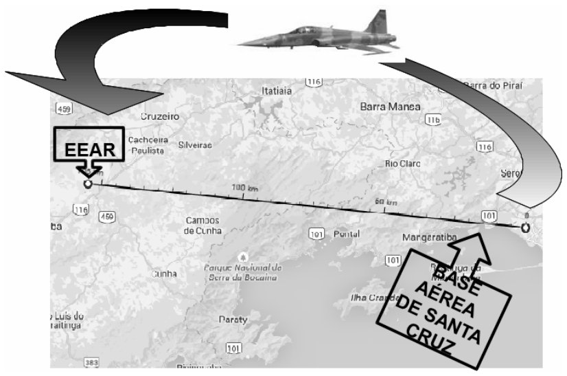 Mapa da rota em linha reta entre a Base Aérea de Santa Cruz e a EEAR, com a imagem de um caça militar voando acima do trajeto.