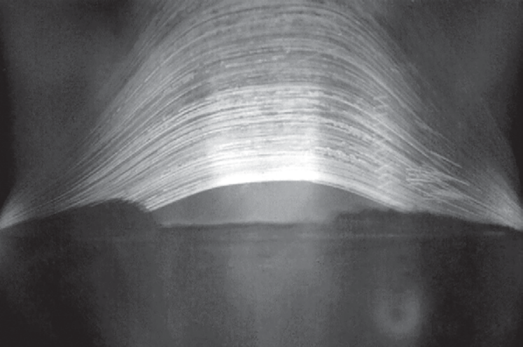Fotografia em preto e branco exibindo múltiplos arcos de luz paralelos que se curvam sobre uma linha de horizonte escura, traçando a trajetória solar ao longo de anos.