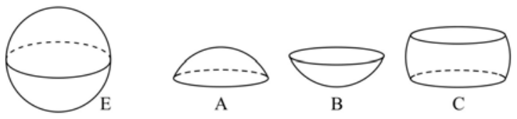 Ilustração mostrando uma esfera inteira identificada pela letra E e as três partes em que foi dividida: duas calotas esféricas, A e B, e um segmento esférico central de duas bases, C.