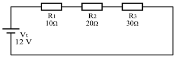 Circuito elétrico em série contendo uma fonte ideal de 12 V e três resistores: R1 = 10 ohms, R2 = 20 ohms e R3 = 30 ohms.