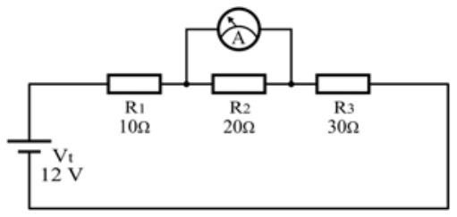 Circuito elétrico idêntico ao anterior, mas com um amperímetro ideal conectado em paralelo aos terminais do resistor R2.