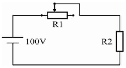 Esquema de circuito elétrico formado por uma fonte de tensão de 100 V ligada em série a um reostato R1 com contato deslizante e a um resistor R2 que representa o aquecedor.