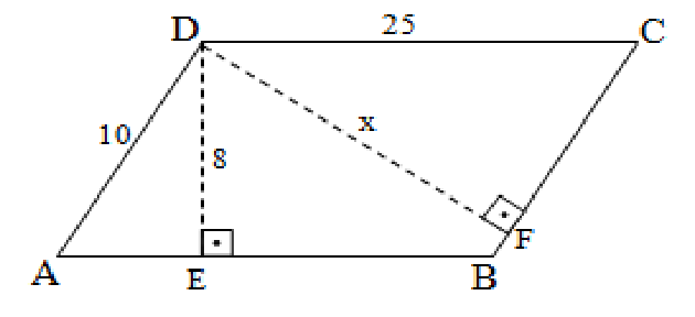 Paralelogramo ABCD com lados medindo AD = 10 e CD = 25. Do vértice D parte um segmento perpendicular à base AB no ponto E com comprimento 8, e outro segmento tracejado perpendicular ao lado BC no ponto F com comprimento indicado por x.
