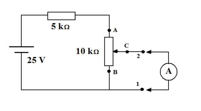 Circuito elétrico contendo uma fonte de 25 V ligada em série com um resistor de 5 kΩ e um resistor variável de 10 kΩ com extremidades A e B e cursor C. Entre o ponto B (ponto 1) e o cursor C (ponto 2) há conexões para a inserção de um amperímetro A.