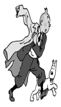 F1 Ilustração em preto e branco do personagem Tintin correndo com seu sobretudo ao vento, acompanhado de seu cão Milu.
