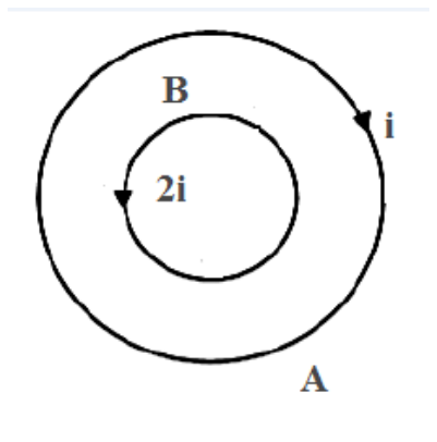 Duas espiras circulares coplanares e concêntricas, A (externa) e B (interna). A espira A tem corrente i no sentido horário, indicada por uma seta. A espira B tem corrente 2i no sentido anti-horário, indicada por uma seta.
