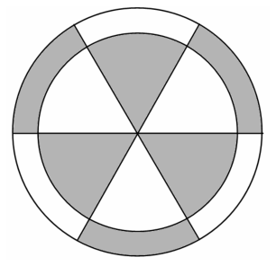 Logotipo circular com dois círculos concêntricos divididos em 6 setores de 60 graus. No círculo interno, três setores alternados são cinza; na coroa circular externa, os outros três setores alternados são cinza.