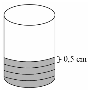 Cilindro circular reto com voltas de fita na parte inferior da superfície lateral, com indicação de espessura de 0,5 cm.