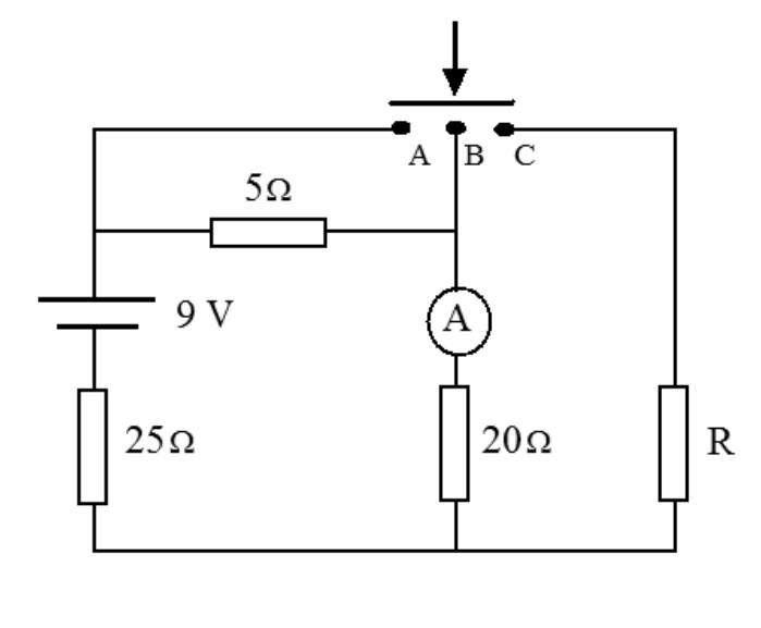 F1 Esquema de um circuito elétrico contendo uma fonte de 9 V ligada a um resistor de 25 ohms, um resistor de 5 ohms, um amperímetro ideal em série com um resistor de 20 ohms e um resistor de resistência R. Na parte superior, há três terminais abertos identificados como A, B e C sob uma barra condutora móvel com uma seta vertical apontando para baixo.