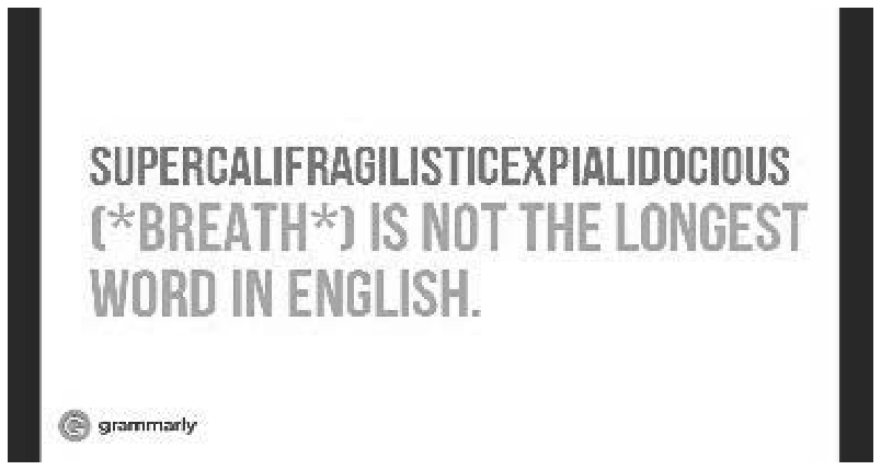 Imagem com o texto em letras maiúsculas: "SUPERCALIFRAGILISTICEXPIALIDOCIOUS (BREATH) IS NOT THE LONGEST WORD IN ENGLISH." No canto inferior esquerdo, vê-se a logo do Grammarly.