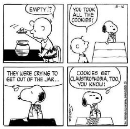 Tirinha em quatro quadrinhos do Snoopy (Peanuts). No primeiro quadrinho, Charlie Brown abre a tampa de um pote de biscoitos vazio e diz: "EMPTY!?". No segundo quadrinho, Charlie Brown acusa Snoopy: "YOU TOOK ALL THE COOKIES!". No terceiro quadrinho, Snoopy com a pata no queixo pensa: "THEY WERE CRYING TO GET OUT OF THE JAR...". No quarto quadrinho, Snoopy conclui seu pensamento: "COOKIES GET CLAUSTROPHOBIA, TOO, YOU KNOW!".