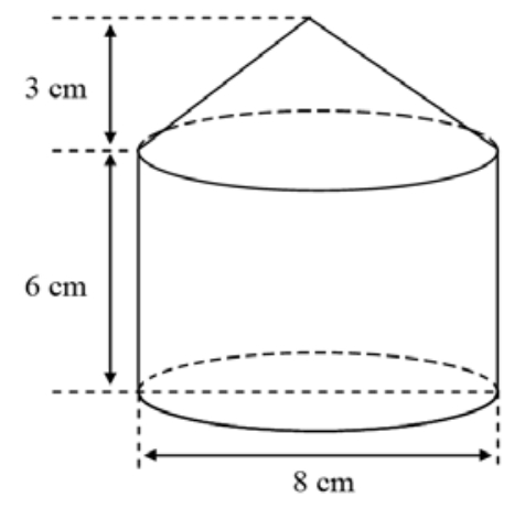 Desenho esquemático de um sólido formado por um cone reto justaposto a um cilindro reto de mesma base circular. A altura do cone é 3 cm, a altura do cilindro é 6 cm e o diâmetro da base é 8 cm.