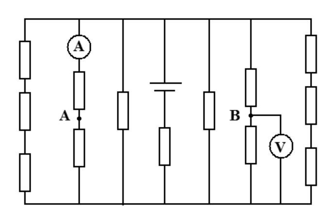 Esquema de circuito elétrico formado por barramentos condutores horizontais superior e inferior, entre os quais estão ligados vários ramos verticais em paralelo: da esquerda para a direita, um ramo com três resistores em série; um ramo contendo um amperímetro A em série com dois resistores separados por um ponto A intermediário; um ramo com um resistor; um ramo central contendo uma fonte de tensão contínua em série com um resistor; um ramo com um resistor; um ramo com dois resistores separados por um ponto B intermediário, com um voltímetro V ligado entre o ponto B e o barramento inferior; e um ramo na extremidade direita com três resistores em série.