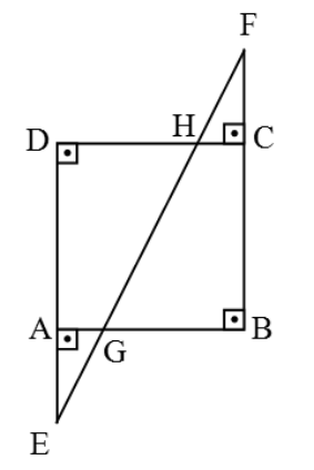 Quadrado ABCD com prolongamento do lado DA até o ponto E e do lado BC até o ponto F, e um segmento de reta ligando E a F intersectando os lados AB em G e DC em H