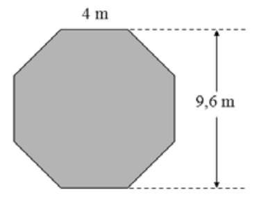 Octógono regular em tom de cinza indicando o comprimento do lado superior como 4 m e a distância entre os lados horizontais superior e inferior como 9,6 m.