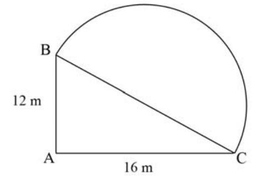 Figura geométrica composta por um triângulo retângulo ABC, com cateto vertical AB medindo 12 m e cateto horizontal AC medindo 16 m, e um semicírculo delimitado pelo arco BC sobre a hipotenusa BC.