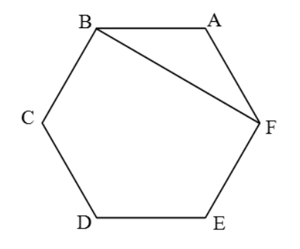 Hexágono regular com vértices rotulados em sentido anti-horário: A no topo à direita, B no topo à esquerda, C à esquerda, D na base à esquerda, E na base à direita e F à direita. Há um segmento de reta traçado unindo os vértices B e F.