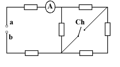 Esquema de circuito elétrico com dois terminais abertos a e b à esquerda, seis resistores ôhmicos representados por retângulos, um amperímetro ideal A no ramo superior e uma chave Ch aberta disposta diagonalmente na malha da direita.