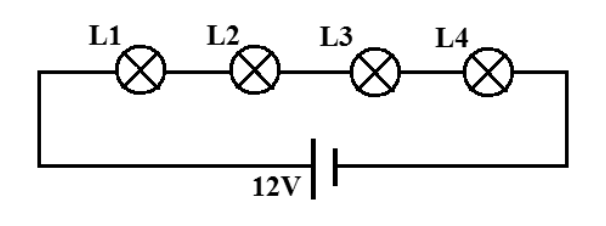 F1 Circuito elétrico contendo quatro lâmpadas (L1, L2, L3 e L4) ligadas em série a uma fonte de tensão contínua de 12 V.