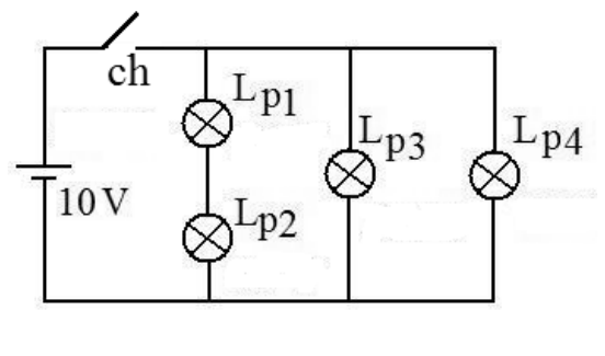 Circuito elétrico contendo uma fonte de tensão de 10 V em série com uma chave aberta ch, conectada a três ramos em paralelo: o primeiro ramo possui as lâmpadas Lp1 e Lp2 ligadas em série; o segundo ramo possui a lâmpada Lp3; e o terceiro ramo possui a lâmpada Lp4.