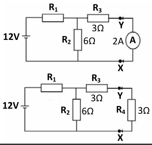 Dois esquemas de circuitos elétricos alimentados por uma fonte de 12 V. Na Figura 1 (acima), o circuito possui um resistor R₁ em série com a fonte, conectado a um nó que se divide em dois ramos paralelos: um ramo vertical com o resistor R₂ de 6 Ω e um ramo com o resistor R₃ de 3 Ω em série com um amperímetro ideal A que marca 2 A, conectado entre os pontos Y e X. Na Figura 2 (abaixo), o circuito possui a mesma configuração de R₁, R₂ e R₃, porém o amperímetro entre os pontos Y e X é substituído pelo resistor R₄ de 3 Ω.