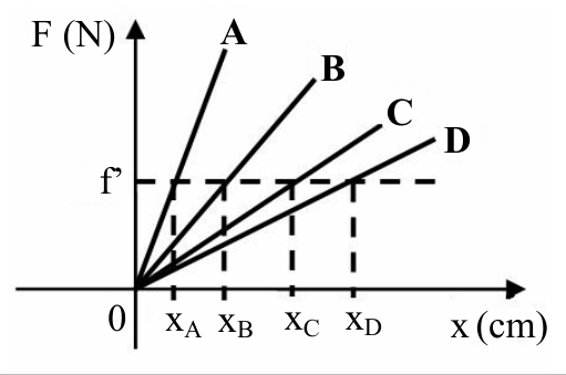 Gráfico da força F (N) em função da elongação x (cm) para quatro molas elásticas A, B, C e D, representadas por retas de diferentes inclinações partindo da origem. Para um mesmo valor de força f', marcado no eixo vertical, linhas tracejadas indicam os alongamentos correspondentes xA, xB, xC e xD no eixo horizontal, com xA < xB < xC < xD.