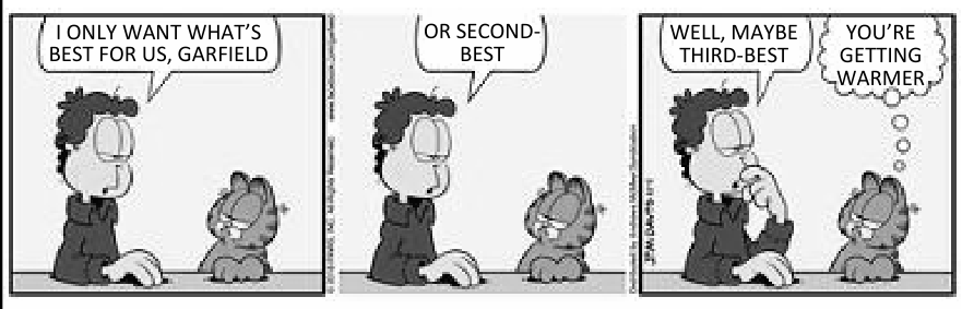 Tirinha de Garfield em três quadrinhos. No primeiro quadrinho, Jon conversa com Garfield à mesa e diz: "I ONLY WANT WHAT'S BEST FOR US, GARFIELD". No segundo quadrinho, Jon continua: "OR SECOND-BEST". No terceiro quadrinho, Jon leva o dedo ao queixo pensativo e diz: "WELL, MAYBE THIRD-BEST", enquanto Garfield pensa em um balão de pensamento: "YOU'RE GETTING WARMER".