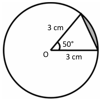 Círculo de centro O com ângulo central de 50° formado por dois raios de 3 cm. O segmento circular compreendido entre o arco e a corda que liga as extremidades dos raios está destacado em cinza.