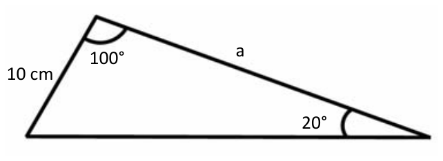Triângulo com lados medindo 10 cm e a, que formam entre si um ângulo de 100°, e vértice oposto ao lado de 10 cm com ângulo de 20°