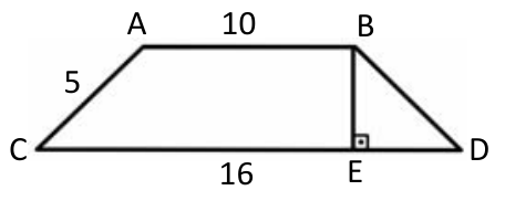 Trapézio isósceles ABCD com bases paralelas AB e CD medindo 10 e 16, lado AC medindo 5 e altura BE perpendicular à base CD no ponto E, destacando o triângulo BED.
