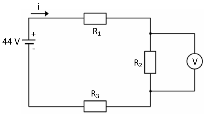 F1 Circuito elétrico em série contendo uma fonte de tensão de 44 V, corrente i indicada no topo, resistor R1 no ramo superior, resistor R2 no ramo lateral direito com um voltímetro V ligado em paralelo a ele, e resistor R3 no ramo inferior.
