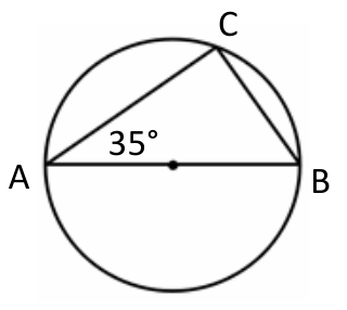 Circunferência com diâmetro AB e um ponto C sobre a circunferência formando o triângulo ABC, com ângulo BAC medindo 35°