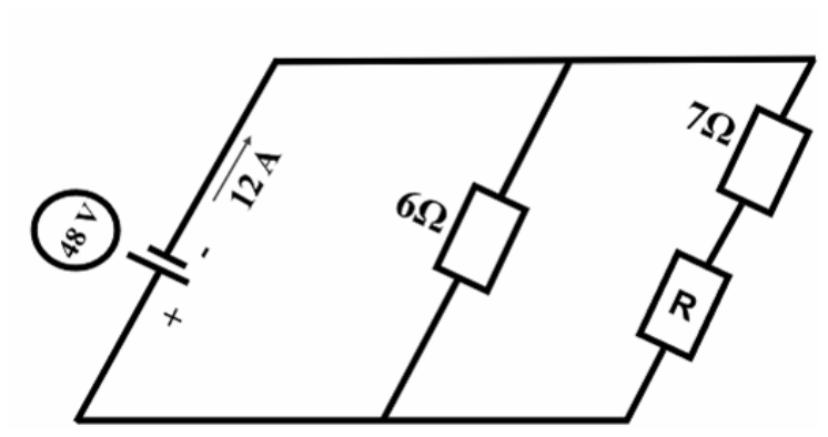 Esquema de um circuito elétrico em paralelogramo composto por três ramos paralelos: no primeiro ramo há um gerador de 48 V com corrente indicada de 12 A; no segundo ramo há um resistor de 6 Ω; no terceiro ramo há dois resistores associados em série, um de 7 Ω e outro identificado pela letra R.