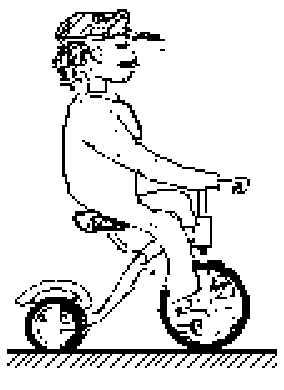 Desenho de uma criança montada em um velocípede sobre o solo plano.