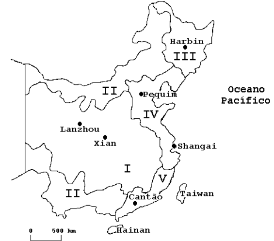 Mapa da China dividido em regiões identificadas por algarismos romanos de I a V, com indicação de cidades como Harbin, Pequim, Shangai, Lanzhou, Xian e Cantão, além das ilhas de Taiwan e Hainan e do Oceano Pacífico.