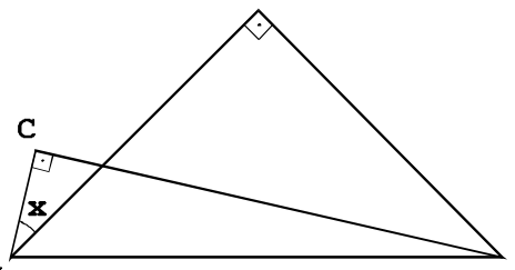 Triângulos retângulos ACB e ADB com base comum AB. O triângulo ACB tem ângulo reto no vértice C e o triângulo ADB tem ângulo reto no vértice D, com AD = BD. O ângulo CAD é indicado por x.