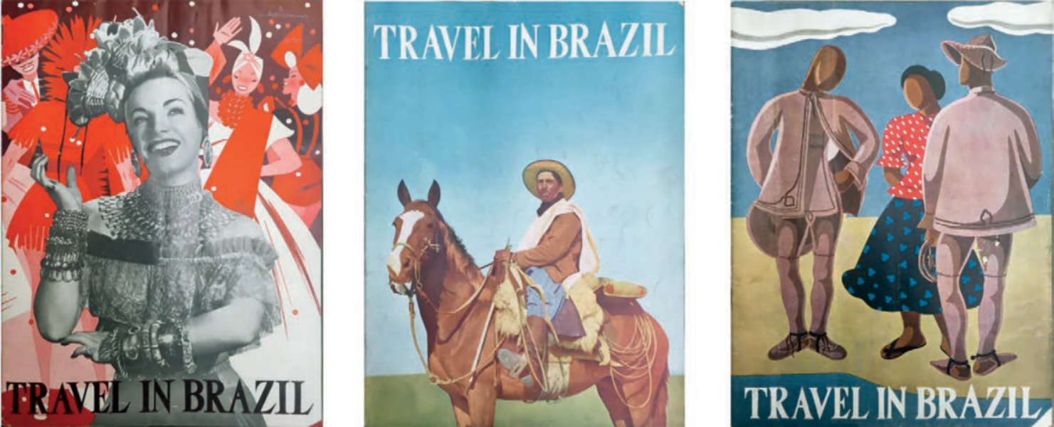 F1 Três capas da revista Travel in Brazil lado a lado: a primeira com uma foto de Carmen Miranda caracterizada de baiana, sobreposta a ilustrações de carnaval; a segunda mostra a ilustração de um gaúcho montado a cavalo em uma paisagem aberta; a terceira retrata, em estilo modernista estilizado, três sertanejos com trajes e chapéus típicos.