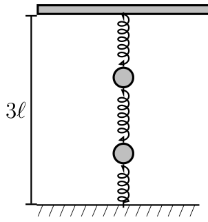 Esquema vertical entre o teto e o solo separados por uma distância de $3\ell$, contendo três molas e duas massas pontuais esféricas intercaladas entre elas.