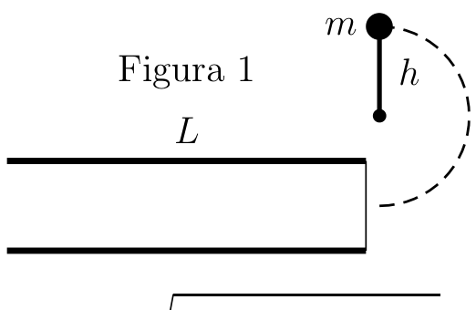 Figura 1: Pêndulo de comprimento h e massa m em posição vertical superior, articulado acima da extremidade direita de um tubo de comprimento L, com trajetória de queda indicada por linha tracejada.