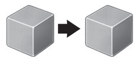 F1 Esquema ilustrando um cubo metálico liso à esquerda, uma seta preta apontando para a direita e um cubo metálico idêntico e liso à direita.