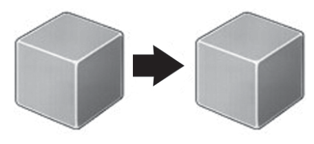 F3 Esquema ilustrando um cubo metálico liso à esquerda, uma seta preta apontando para a direita e um cubo metálico idêntico e liso à direita.