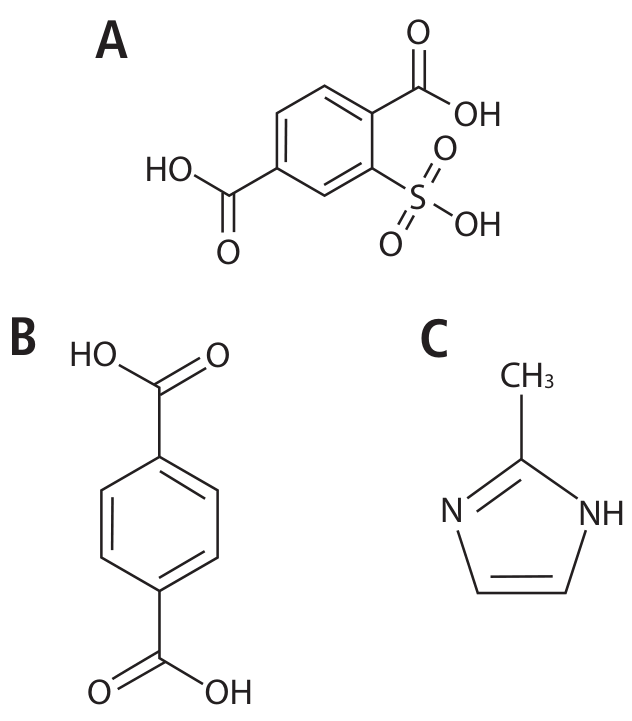 Fórmulas estruturais de três ligantes orgânicos: A apresenta um anel aromático com dois grupos carboxila (-COOH) e um grupo sulfônico (-SO3H); B apresenta um anel aromático com dois grupos carboxila opostos (ácido tereftálico); C é o 2-metilimidazol, um heterociclo pentagonal contendo dois átomos de nitrogênio e uma metila.