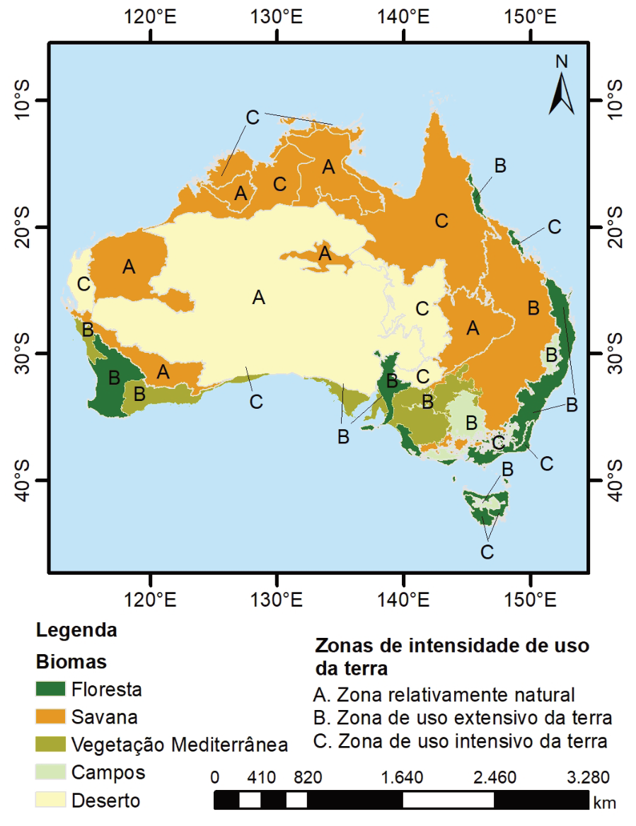 Mapa da Austrália mostrando a distribuição espacial de seus biomas (Floresta, Savana, Vegetação Mediterrânea, Campos e Deserto) sobrepostos pelas letras A, B e C, indicando as zonas de intensidade de uso da terra: A para zona relativamente natural, B para zona de uso extensivo e C para zona de uso intensivo.