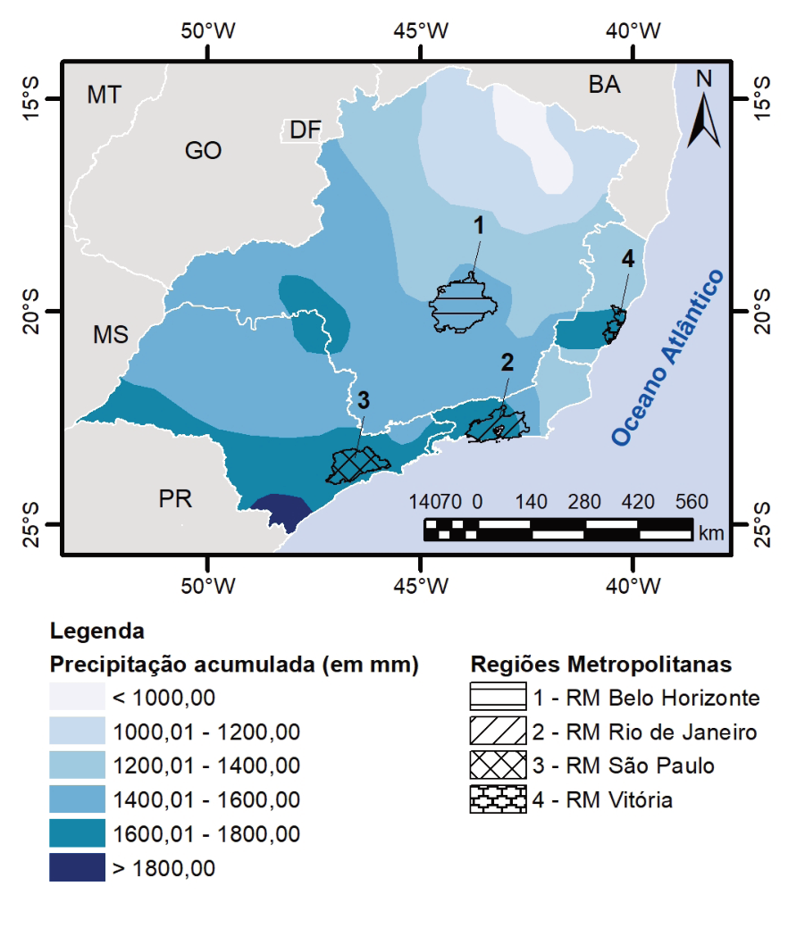 Mapa 1: Normais Climatológicas do Sudeste Brasileiro (1991-2020) – Precipitação Acumulada (em mm) – Anual, indicando faixas de precipitação e a localização das Regiões Metropolitanas de Belo Horizonte (1), Rio de Janeiro (2), São Paulo (3) e Vitória (4).