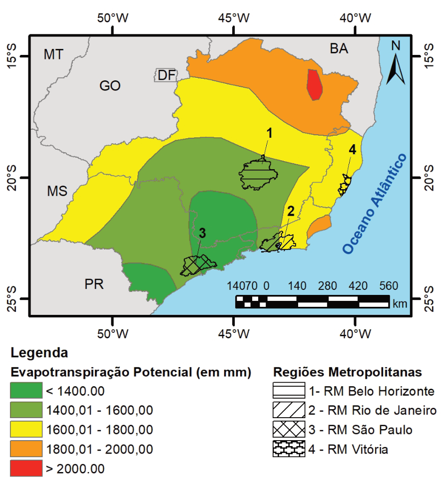 Mapa 2: Normais Climatológicas do Sudeste Brasileiro (1991-2020) – Evapotranspiração Potencial (em mm) – Anual, indicando faixas de evapotranspiração potencial e a localização das Regiões Metropolitanas de Belo Horizonte (1), Rio de Janeiro (2), São Paulo (3) e Vitória (4).