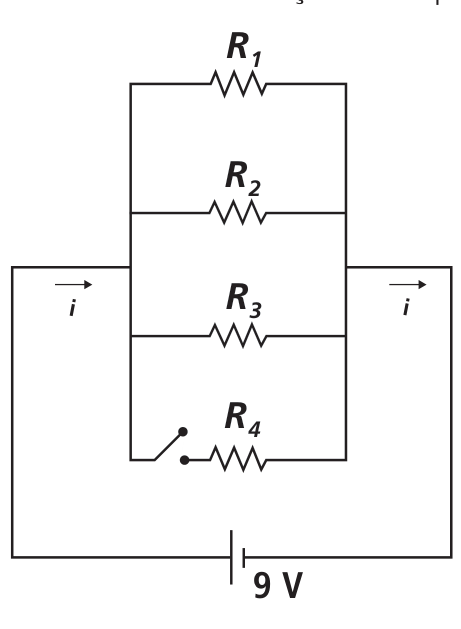 F1 Diagrama de um circuito elétrico alimentado por uma bateria de 9 V na parte inferior. A corrente total i sai do polo positivo da bateria (à esquerda), entra em uma associação em paralelo composta por quatro ramos horizontais contendo os resistores R1, R2, R3 e R4 (de cima para baixo), e retorna ao polo negativo da bateria (à direita). No ramo inferior, em série com o resistor R4, há uma chave interruptora representada aberta.