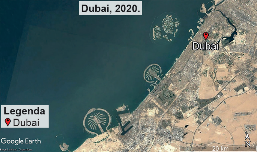 F2 Imagem de satélite do Google Earth mostrando o litoral de Dubai em 2020, destacando a construção de grandes ilhas e arquipélagos artificiais no mar, como Palm Jumeirah, Palm Jebel Ali e The World, além de expansão urbana em terra firme.