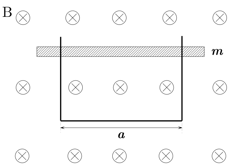 F1 Trilhos condutores verticais em formato de U de largura a, imersos em um campo magnético B uniforme perpendicular entrando no plano da página (indicado por círculos com X). Uma haste condutora horizontal de massa m repousa transversalmente sobre os trilhos, sujeita à aceleração da gravidade g apontando para baixo.