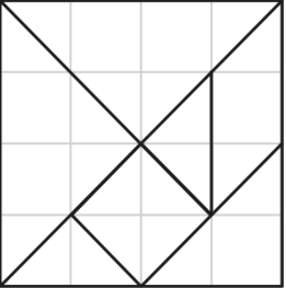 Malha quadriculada de 4 por 4 quadradinhos, dividida por linhas pretas em sete peças de Tangram: dois triângulos grandes, um triângulo médio, dois triângulos pequenos, um quadrado e um paralelogramo.