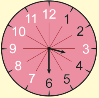 Relógio marcando 3h 30min com os números 7, 8, 9, 10, 11, 12 e 3 em branco, e os números 1, 2, 4, 5 e 6 em preto.